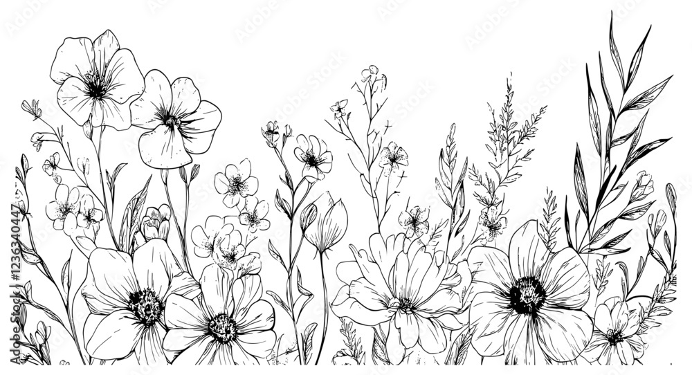 Vector illustration of a floral background with a bouquet of flowers and botanical foliage, ideal for wedding invitation, wall art, or wallpaper Vector illustration of a floral background with a bouquet of flowers and botanical foliage, ideal for wedding invitation, wall art, or wallpaper