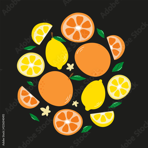 Vibrant Illustration of Oranges, Lemons, and Citrus Fruits on Black Background. A lively digital illustration showcasing whole and sliced oranges and lemons arranged with leaves on a black backdrop.