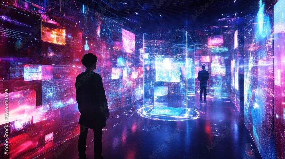 Metaverse Two figures explore a digital space filled with vibrant holographic displays, showcasing data streams and futuristic technology; ideal for tech articles Metaverse Two figures explore a digital space filled with vibrant holographic displays, showcasing data streams and futuristic technology; ideal for tech articles