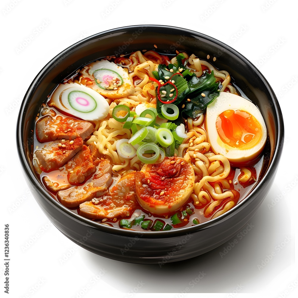 Delicious ramen bowl with egg, vegetables, and meat toppings Delicious ramen bowl with egg, vegetables, and meat toppings