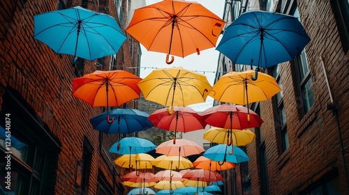 A creative interpretation of colorful umbrellas hanging in an alleyway photo