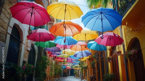 A creative interpretation of colorful umbrellas hanging in an alleyway photo