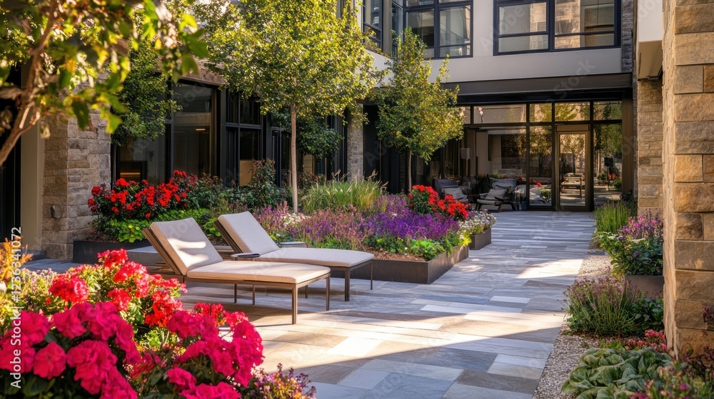 Fototapeta premium Serene Courtyard Oasis: Modern Architecture and Lush Landscaping