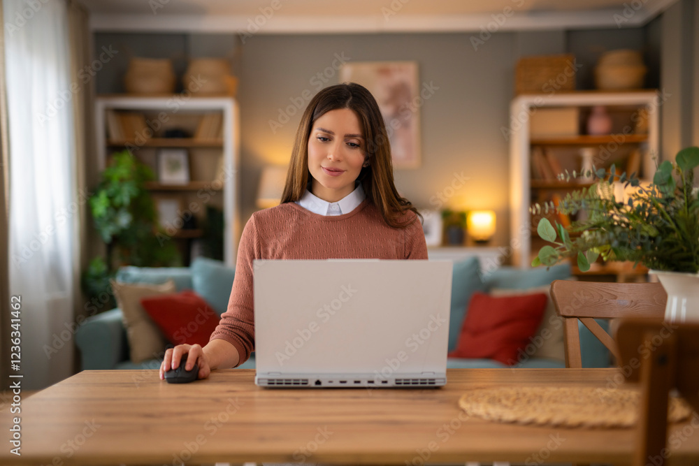 Fototapeta premium Business woman working from home. Using laptop for job
