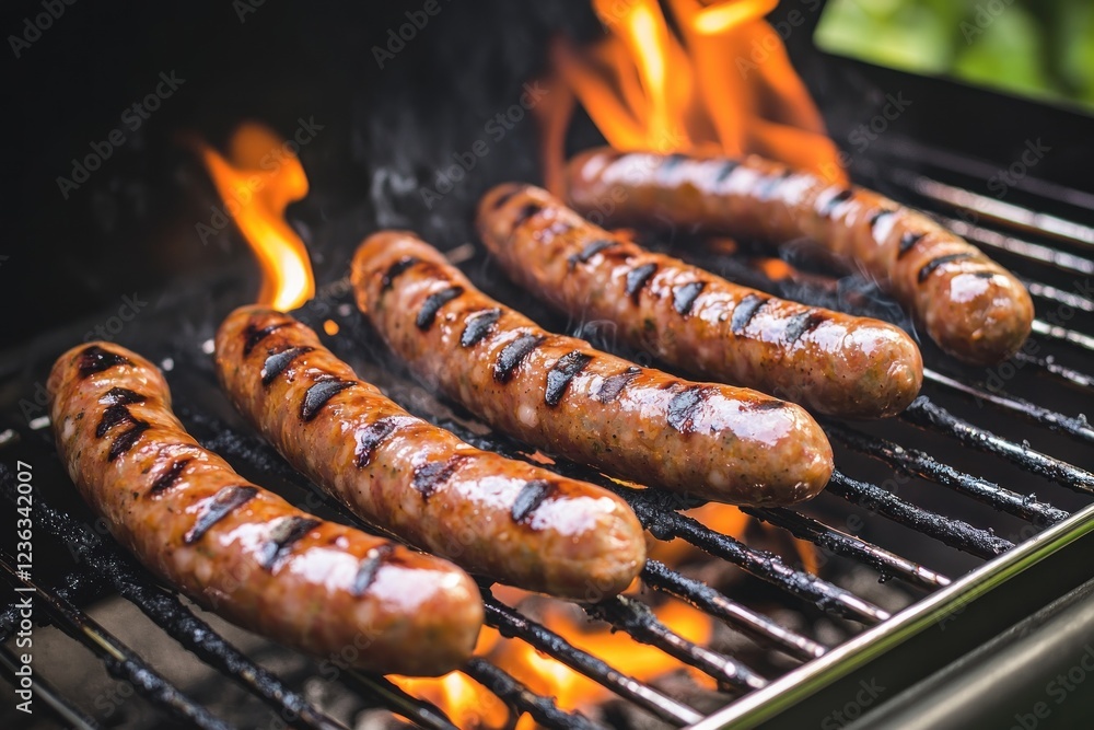 Grilled sausages cooking on a barbecue grill with flames Grilled sausages cooking on a barbecue grill with flames
