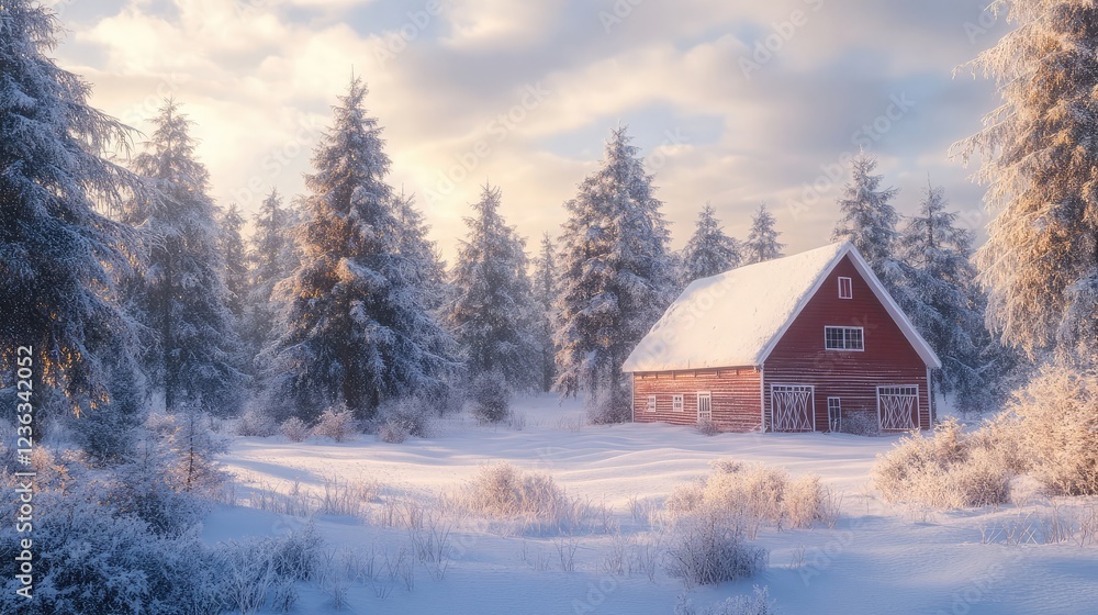 Snowy barn surrounded by frosty pine trees