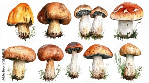 Watercolor set of edible mushrooms isolated on white background. Boletus edulis, penny bun, porcini, boletus edulis, king bolete, porcini