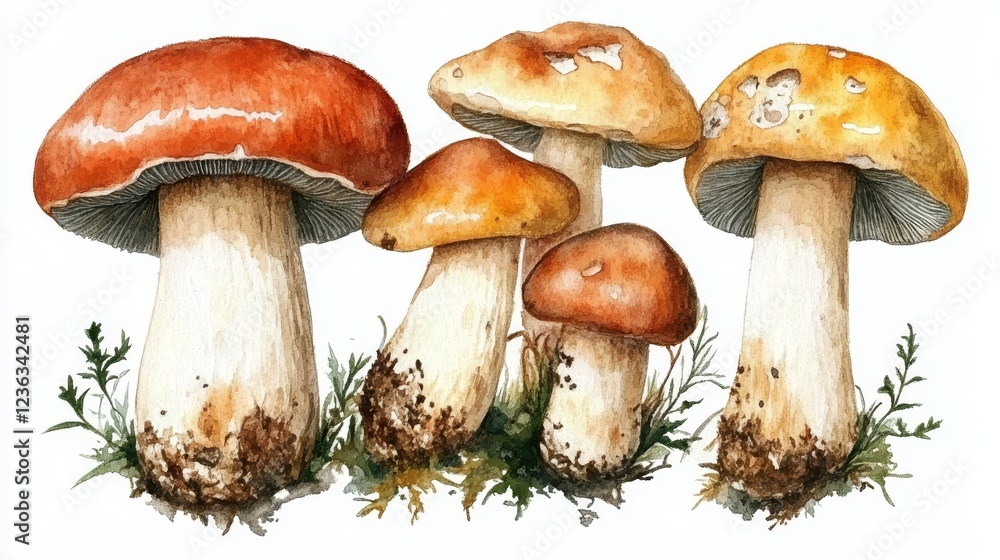 Watercolor set of edible mushrooms isolated on white background. Boletus edulis, penny bun, porcini, boletus edulis, king bolete, porcini Watercolor set of edible mushrooms isolated on white background. Boletus edulis, penny bun, porcini, boletus edulis, king bolete, porcini