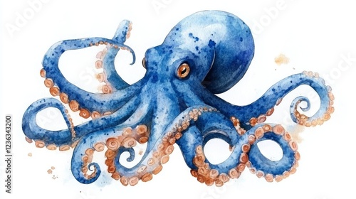 Watercolor octopus on white background. Hand-drawn illustration photo