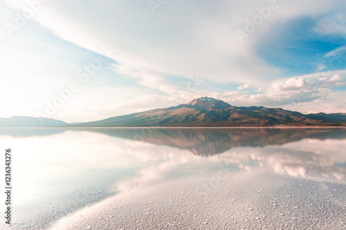 Salt surface with water in Salar de Uyuni salt flat in Altiplano, Bolivia. photo