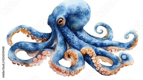 Watercolor octopus on white background. Hand-drawn illustration photo