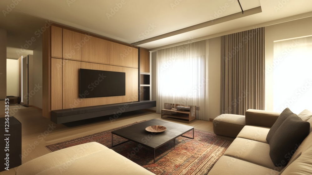 Modern Minimalist Living Room Interior Design with Wooden Feature Wall and Comfortable Sofa Modern Minimalist Living Room Interior Design with Wooden Feature Wall and Comfortable Sofa
