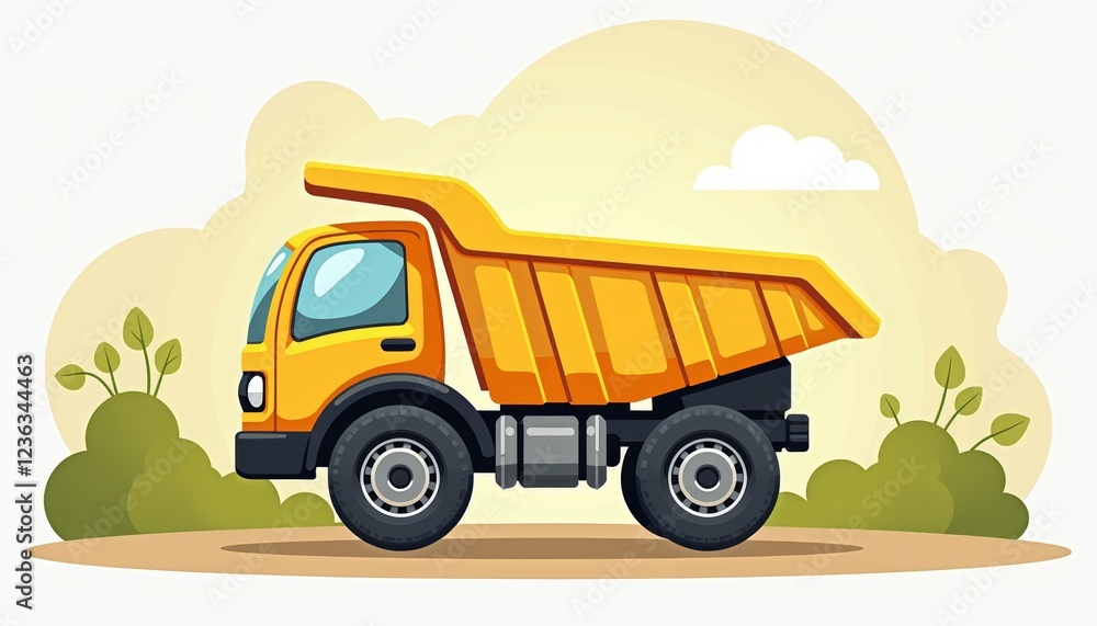 Fototapeta premium Colorful yellow children's dump truck in playful landscape, fun creativity