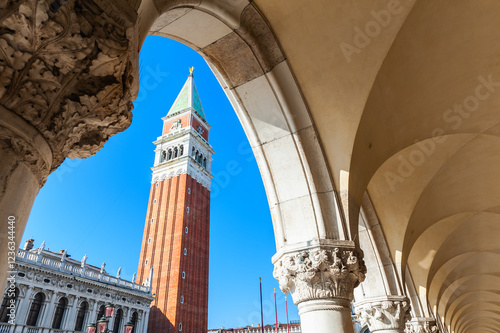 San Marco square in Venice, Italy. View of San Marco Campanile from Doge's Palace.