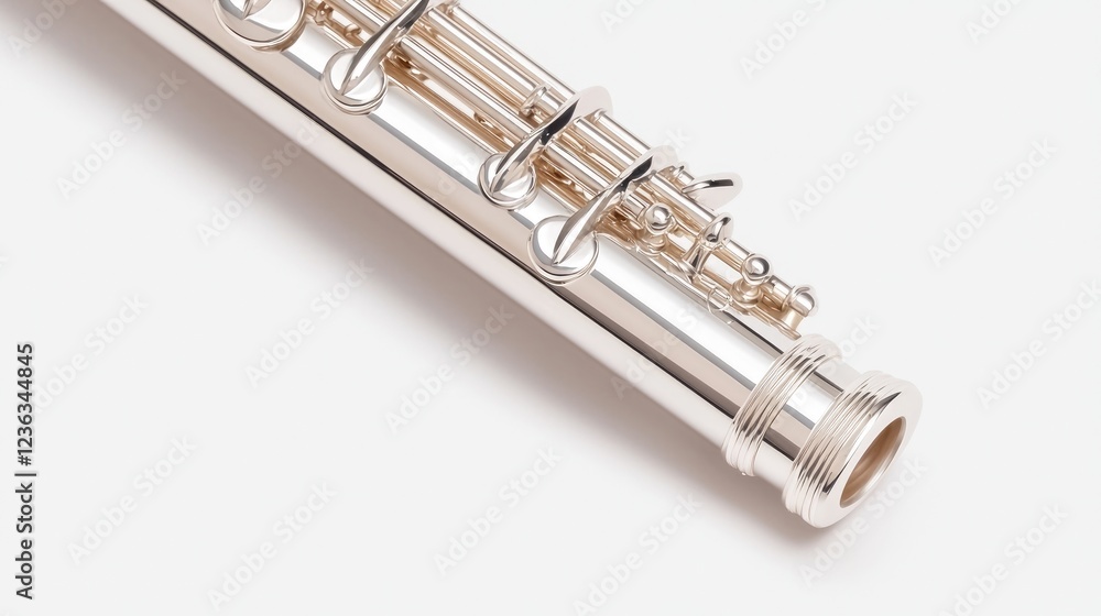 Fototapeta premium Silver flute detail, keys close-up, white background, music instrument