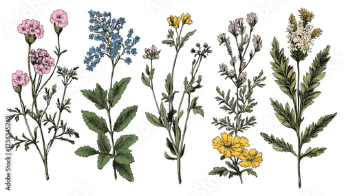 Vibrant Colorful Wild Flowers and Herbs in a Vintage Botanical Set, Featuring Detailed Illustrations Inspired by Classic Engraving Techniques