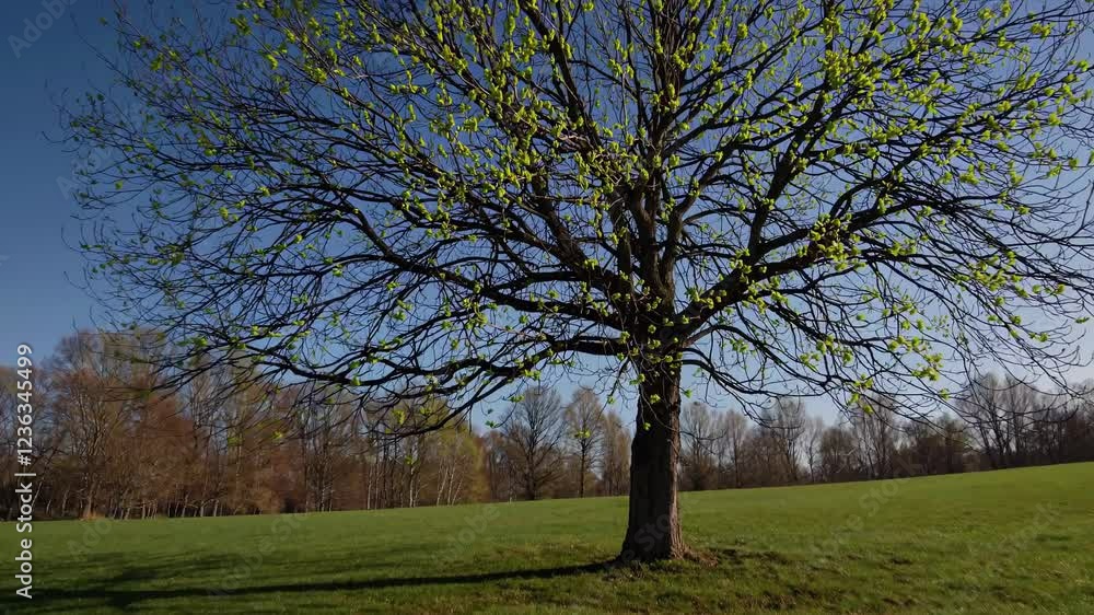 majestic tree with budding green leaves stands alone in a vast open field under a clear blue sky majestic tree with budding green leaves stands alone in a vast open field under a clear blue sky