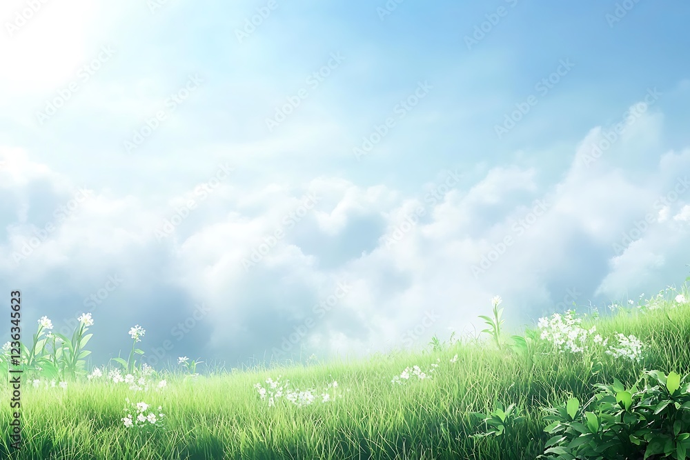 Obraz premium Serene Meadow Landscape Under a Cloudy Sky