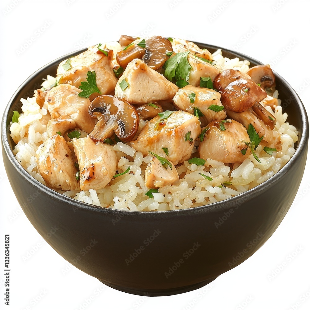 Delicious Bowl of Chicken and Rice with Mushrooms and Fresh Herbs on a White Background