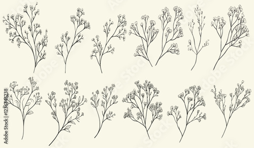 Hand-drawn wedding herb monogram, Limonium and baby's breath logo with elegant leaves for save the date and invitation card design