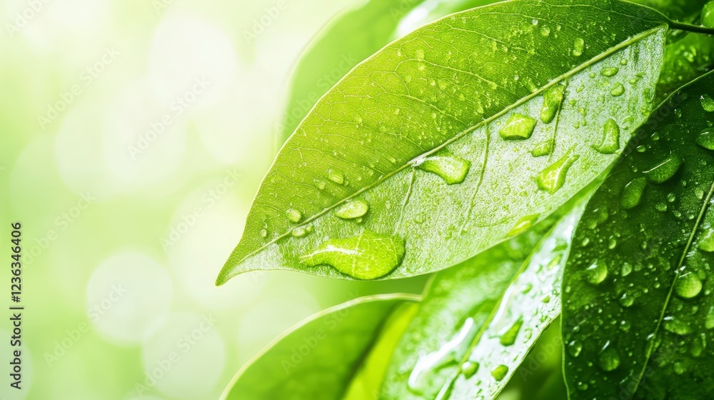 Fototapeta premium Fresh Green Leaves with Water Drops on Abstract Blurred Background