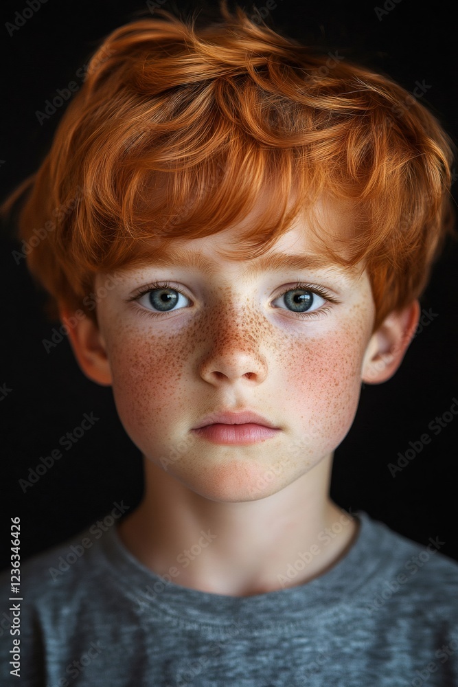 Portrait of redhead boy with freckles showing emotions on black background Portrait of redhead boy with freckles showing emotions on black background