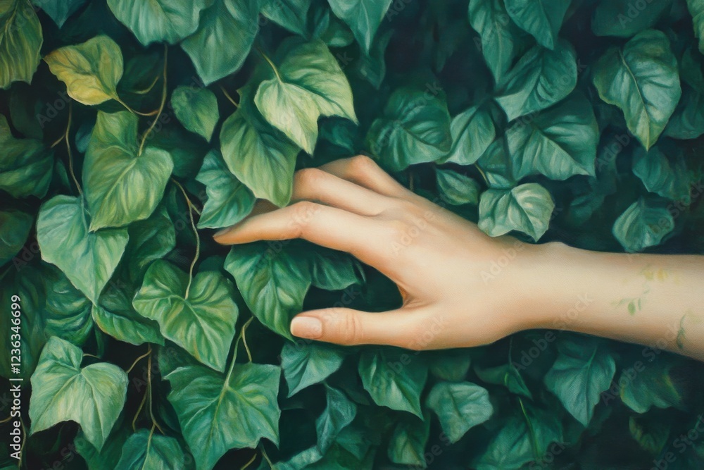 Hand Touching Lush Green Leaves Hand Touching Lush Green Leaves