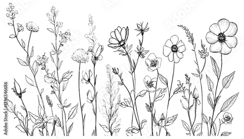 Hand-drawn line herb with trendy wildflowers and minimalist botanical elements for rustic wedding wall decoration or save the date card.