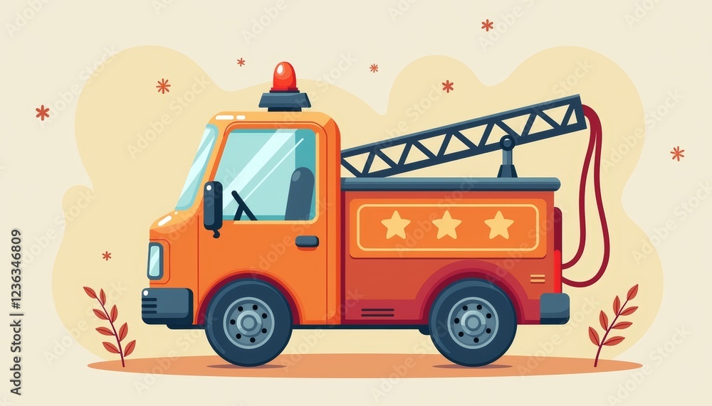 Fototapeta premium Colorful orange fire truck illustration with abstract shapes, creativity