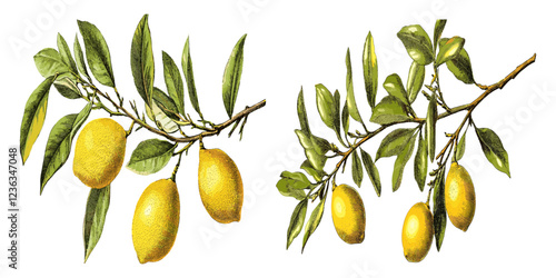 Vintage lemon branch illustration in detailed clip art style, isolated on a white background for decorative purposes