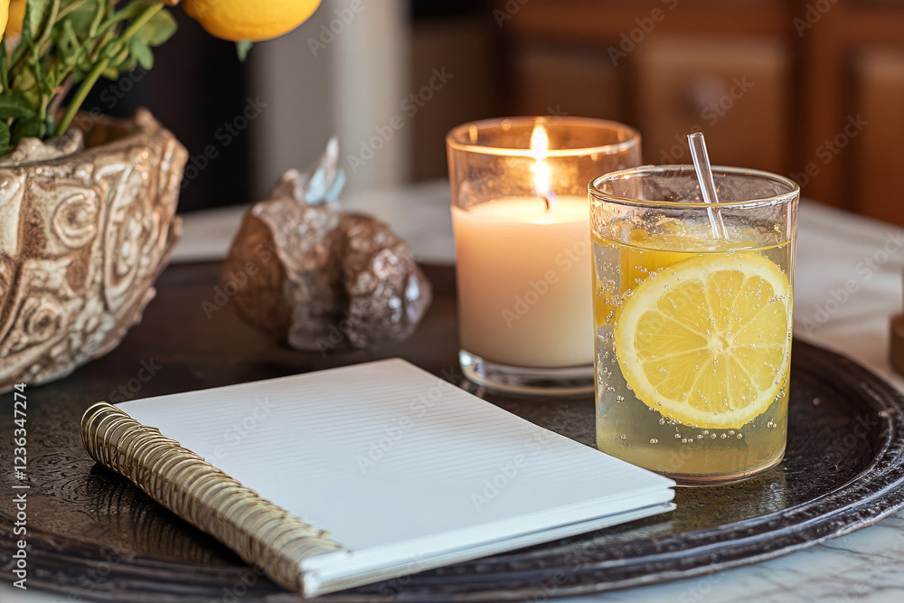 Fototapeta premium Cozy Refreshing Moment with Lemon Water, Burning Candle, and Open Notebook on a Vintage Tray