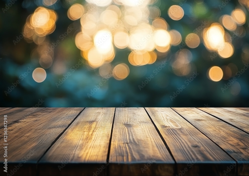 Rustic wooden table, bokeh background, outdoors, product display Rustic wooden table, bokeh background, outdoors, product display