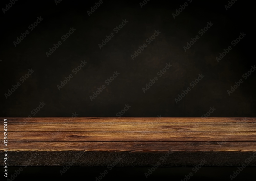 Rustic wooden table, dark background, product display Rustic wooden table, dark background, product display