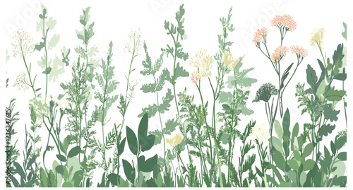 Seamless vector panoramic artwork of a meadow, abundant with blooming flowers and forest plants, providing a tranquil natural environment.