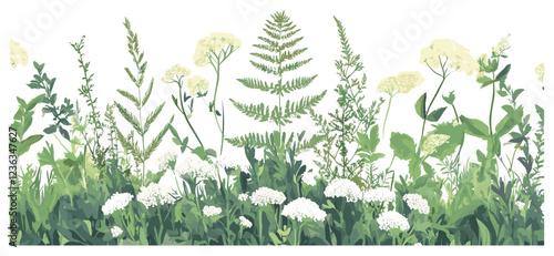 A seamless vector design showcasing a vast meadow surrounded by flourishing flowers and forest plants, with a breathtaking panoramic perspective.