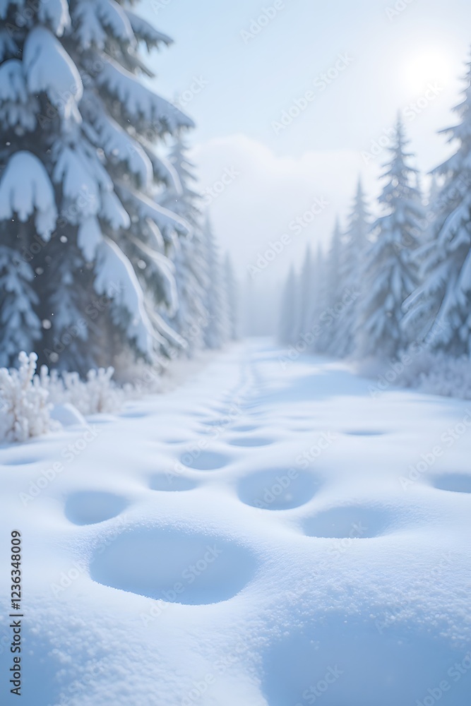Serene winter forest path with snow and sunlight Serene winter forest path with snow and sunlight