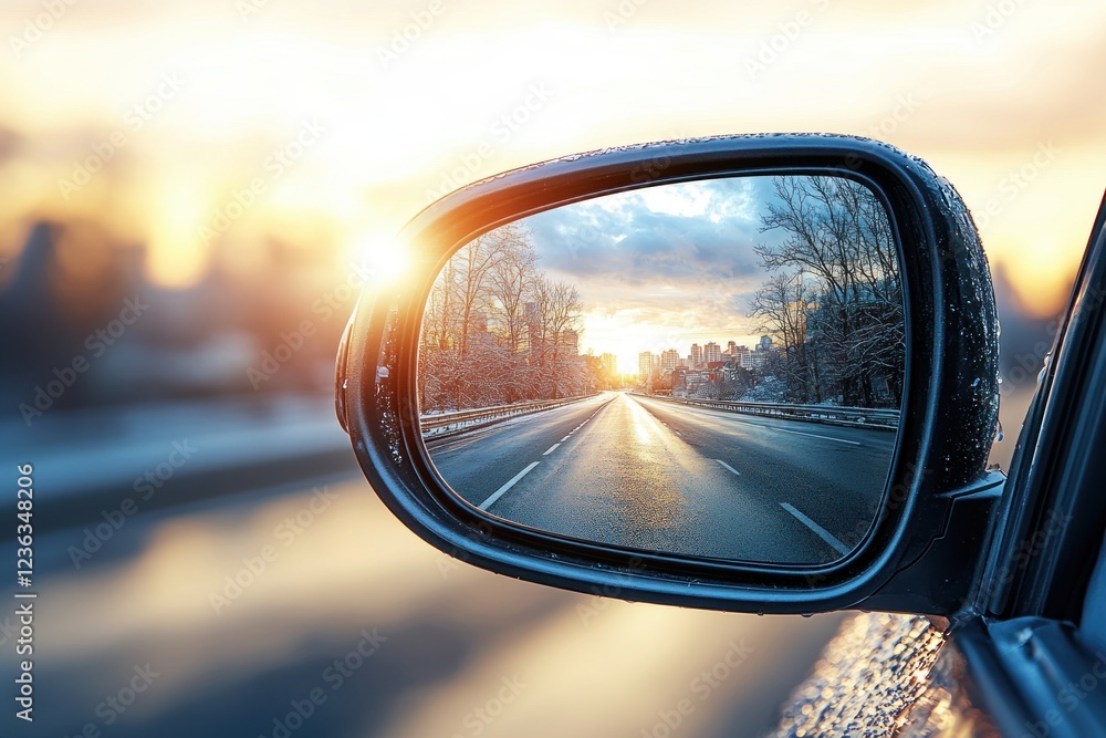Car mirror reflecting snowy city road at sunrise during winter commute Car mirror reflecting snowy city road at sunrise during winter commute