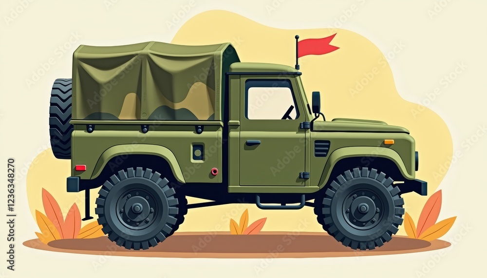 Camo military truck illustration in bright colors, playful design Camo military truck illustration in bright colors, playful design
