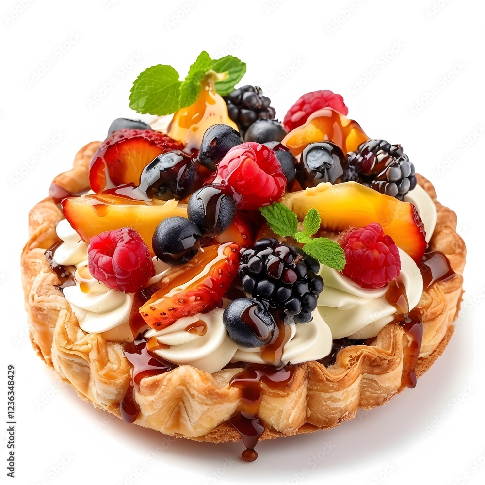 Delicious fruit tart with berries, cream, and caramel drizzle dessert Delicious fruit tart with berries, cream, and caramel drizzle dessert