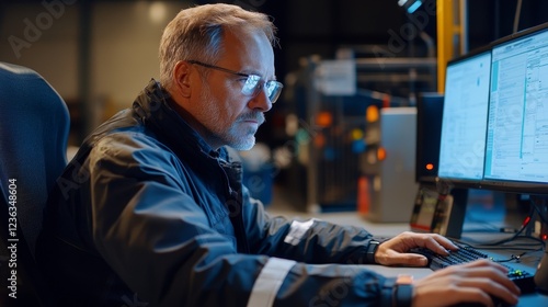 Warehouse Manager Sitting At Desktop Computer. Delivery Logistic, 