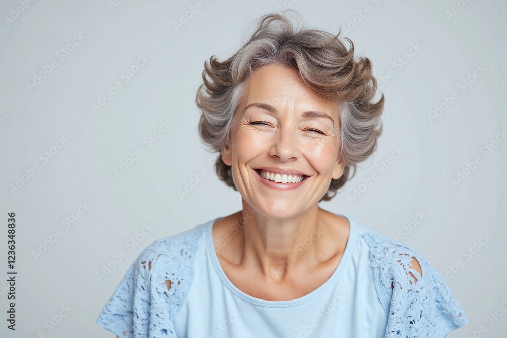 older woman with curly hair wearing light blue top smiling radiantly older woman with curly hair wearing light blue top smiling radiantly