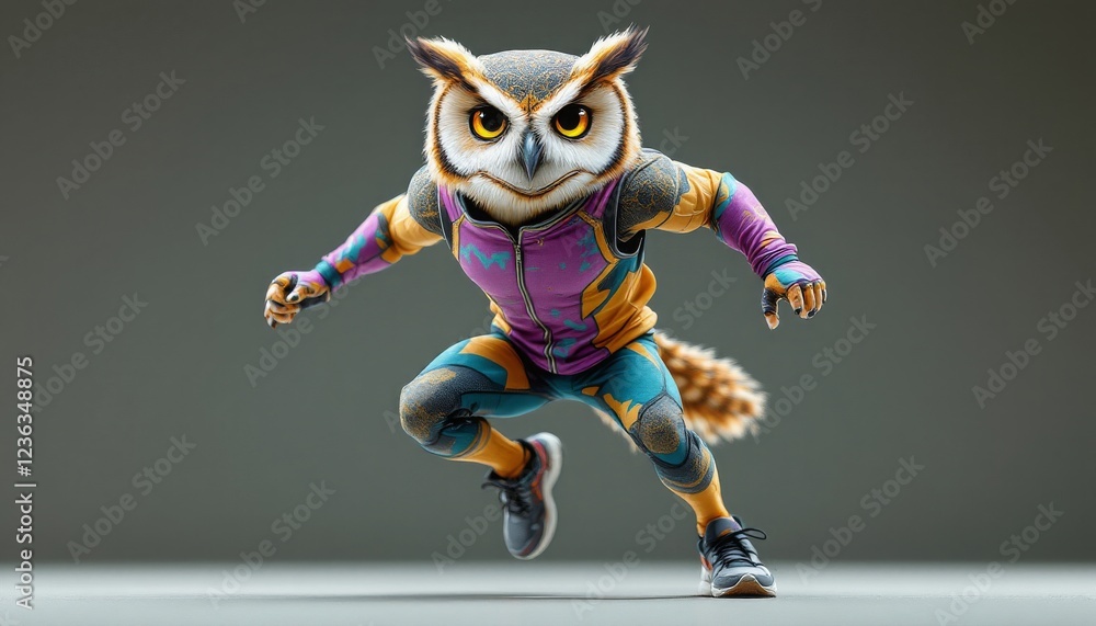 Athletic Owl Running in Colorful Outfit 3d Render Athletic Owl Running in Colorful Outfit 3d Render