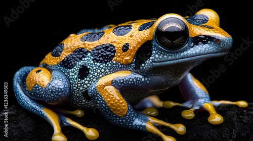 Vibrant harlequin frog posing on dark surface photo