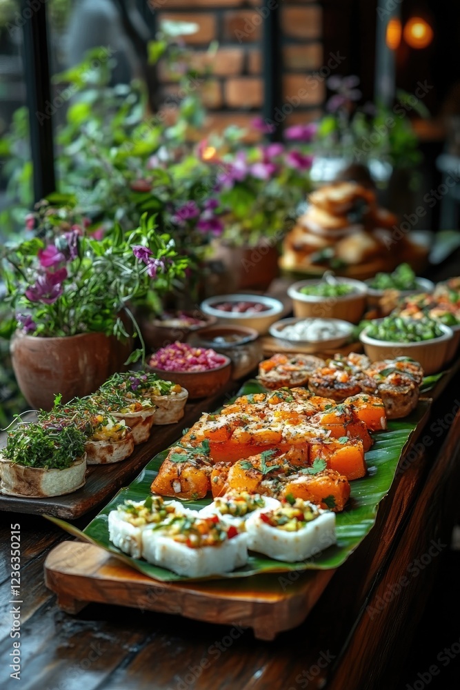 Delicious vegan buffet displaying variety of plant based dishes Delicious vegan buffet displaying variety of plant based dishes