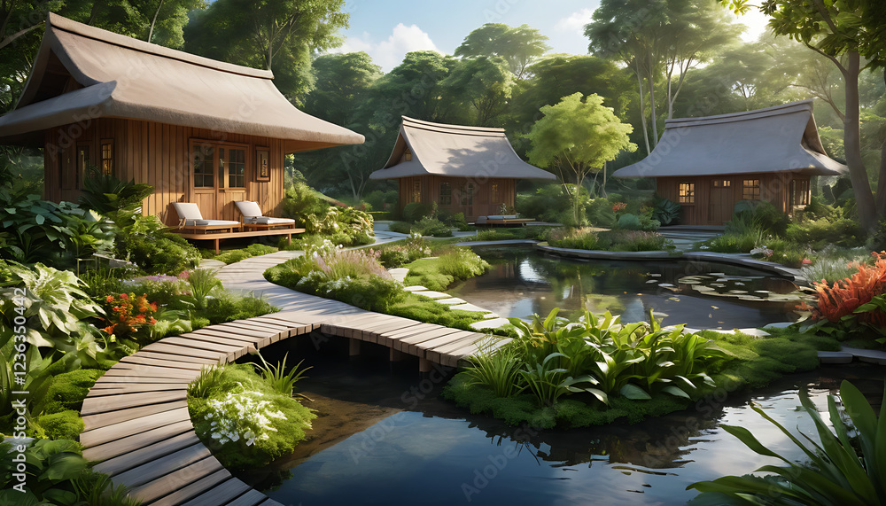 Realistic Garden with Traditional Architecture and Serene Landscape Realistic Garden with Traditional Architecture and Serene Landscape