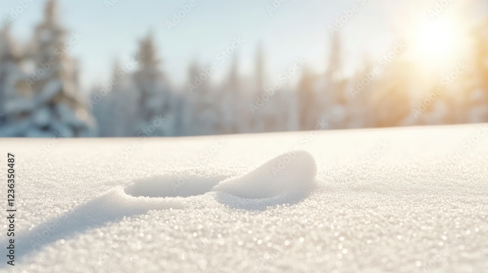 A single footprint in untouched, sparkling snow with a quiet winter forest in the background A single footprint in untouched, sparkling snow with a quiet winter forest in the background