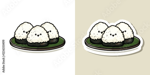 Cute onigiri illustration vector in cartoon style isolated on white background and sticker. Asian cuisine Japanese