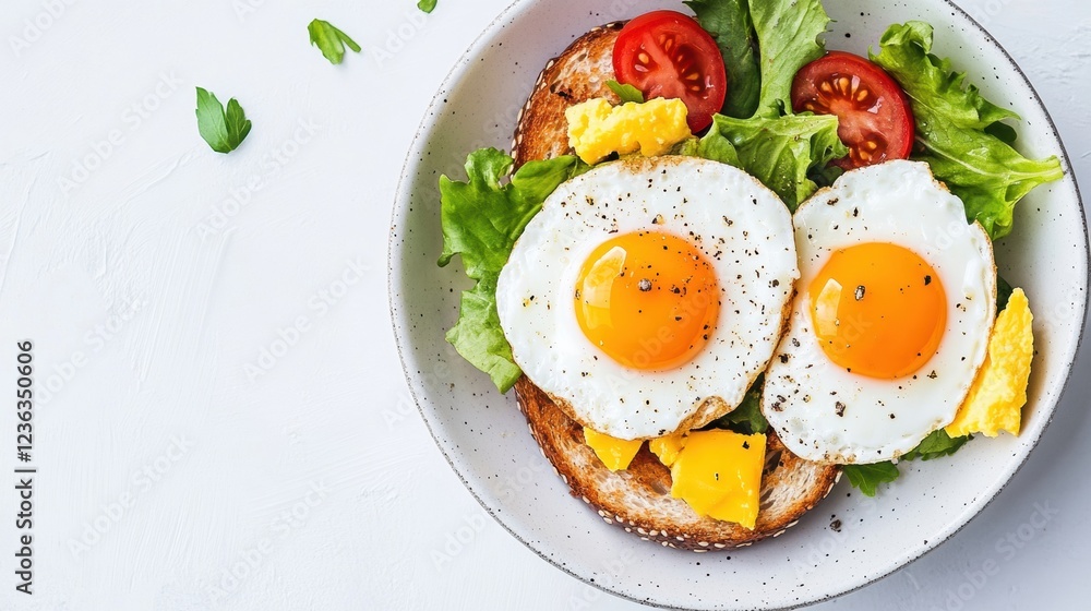 Delicious breakfast plate featuring sunny-side-up eggs on toast with fresh vegetables Delicious breakfast plate featuring sunny-side-up eggs on toast with fresh vegetables
