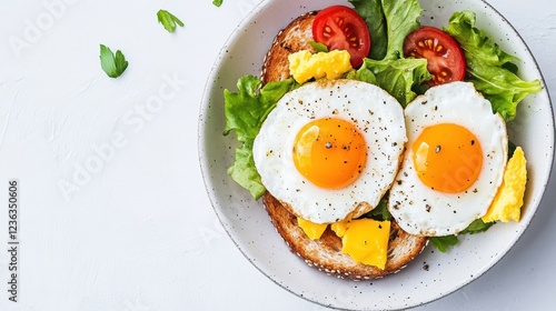 Delicious breakfast plate featuring sunny-side-up eggs on toast with fresh vegetables