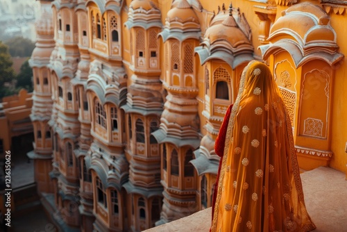 Woman wearing traditional indian clothing admiring hawa mahal in jaipur photo